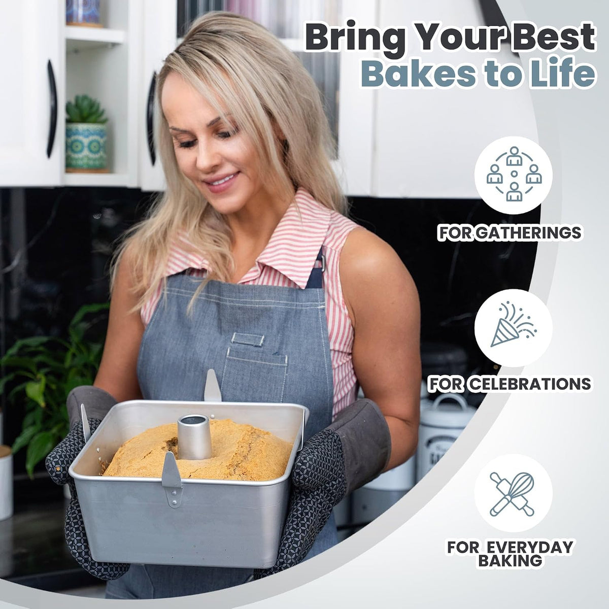 Square Tube Cake Pan, 18 Cup Recipes, 10 Inch Anodized Aluminum Angel Food, Chiffon & Pound Cake Pan, 2-piece system with Removable Bottom and Cooling Feet