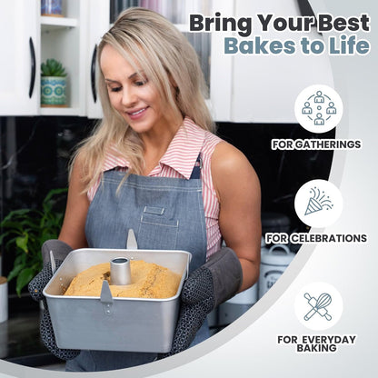 Square Tube Cake Pan, 18 Cup Recipes, 10 Inch Anodized Aluminum Angel Food, Chiffon & Pound Cake Pan, 2-piece system with Removable Bottom and Cooling Feet