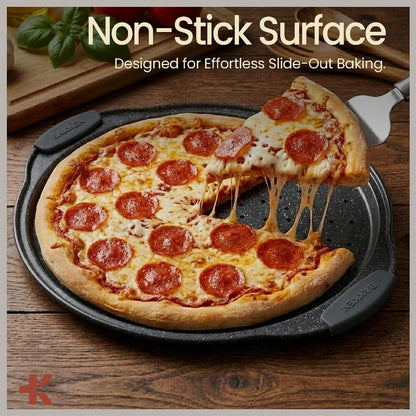 Bakken Pizza Baking Pan - Round Perforated Carbon Steel Pan with Non-Stick Marble Coating, Oversized Silicone Handle, Dishwasher Safe, High-Temperature Resistant, Durable & Easy Cleanup Gray, 1 Pack