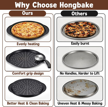 Kifmurase 2 Pack Pizza Pan for Oven, 13 Inch Round Pizza Pans with Holes, Non-Stick Carbon Steel Pizza Baking Pan with Silicone Handle, Perforated Pizza Pan with Pizza Cutter, Oven & Dishwasher Safe
