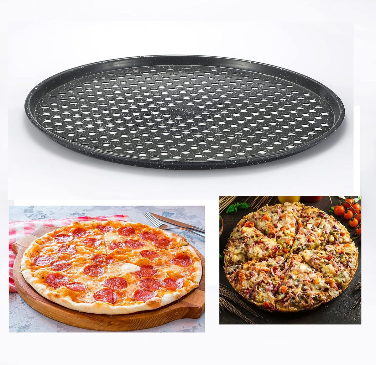 Monfish 14 inch Pizza Pan with holes 2 pack perforated huge Pizza Tray Carbon Steel Crisper Pan Non stick Pizza pan for oven