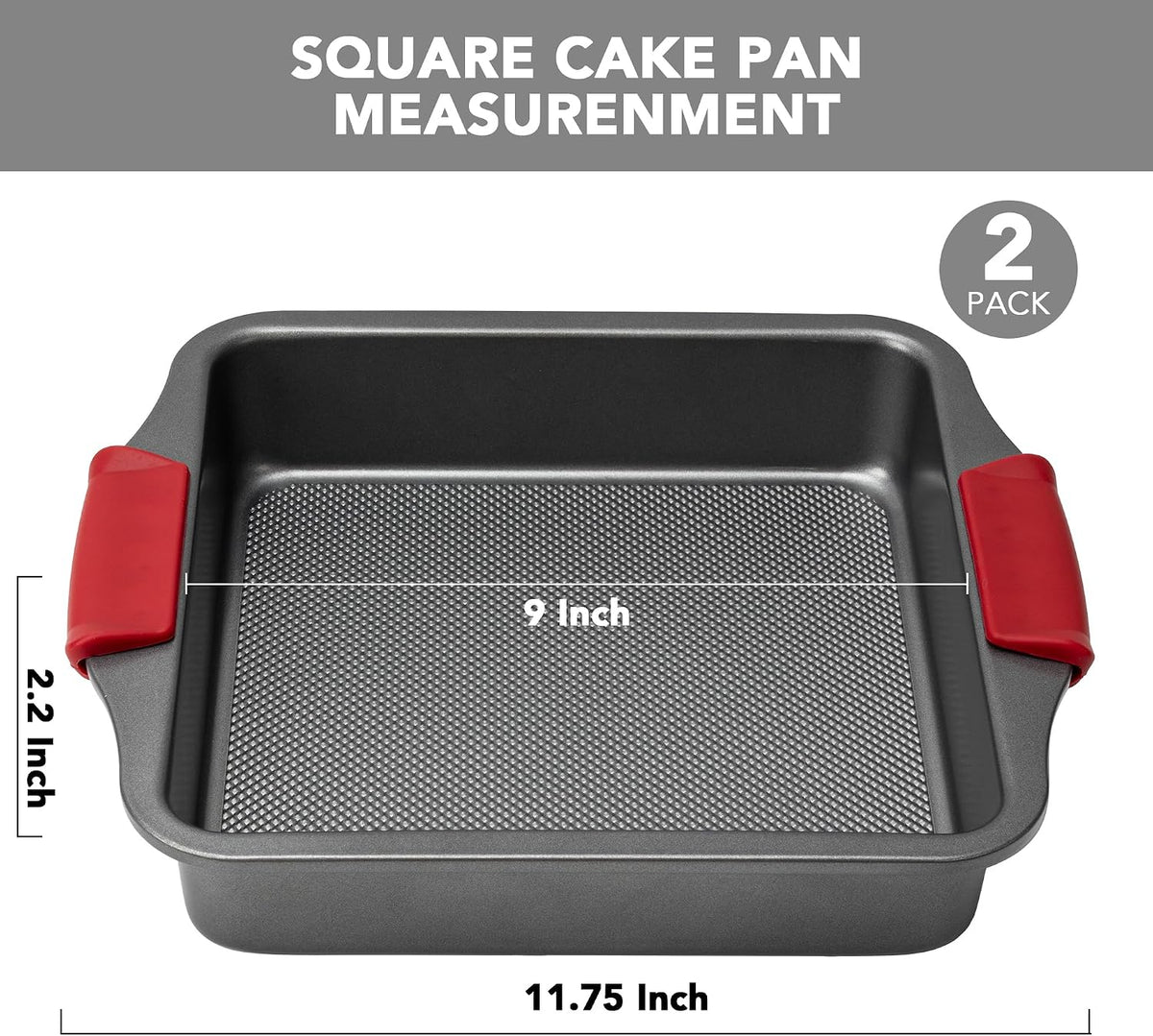 Tiawudi 9" Square Cake Pan Set of 2, 0.8mm Thick Heavy Duty Bakeware with Diamond Texture for Even Heating, Nonstick Baking Pan for Bread, Brownies & Lemon Bars, Cake Mold with Silicone Grip Handles
