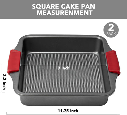 Tiawudi 9" Square Cake Pan Set of 2, 0.8mm Thick Heavy Duty Bakeware with Diamond Texture for Even Heating, Nonstick Baking Pan for Bread, Brownies & Lemon Bars, Cake Mold with Silicone Grip Handles