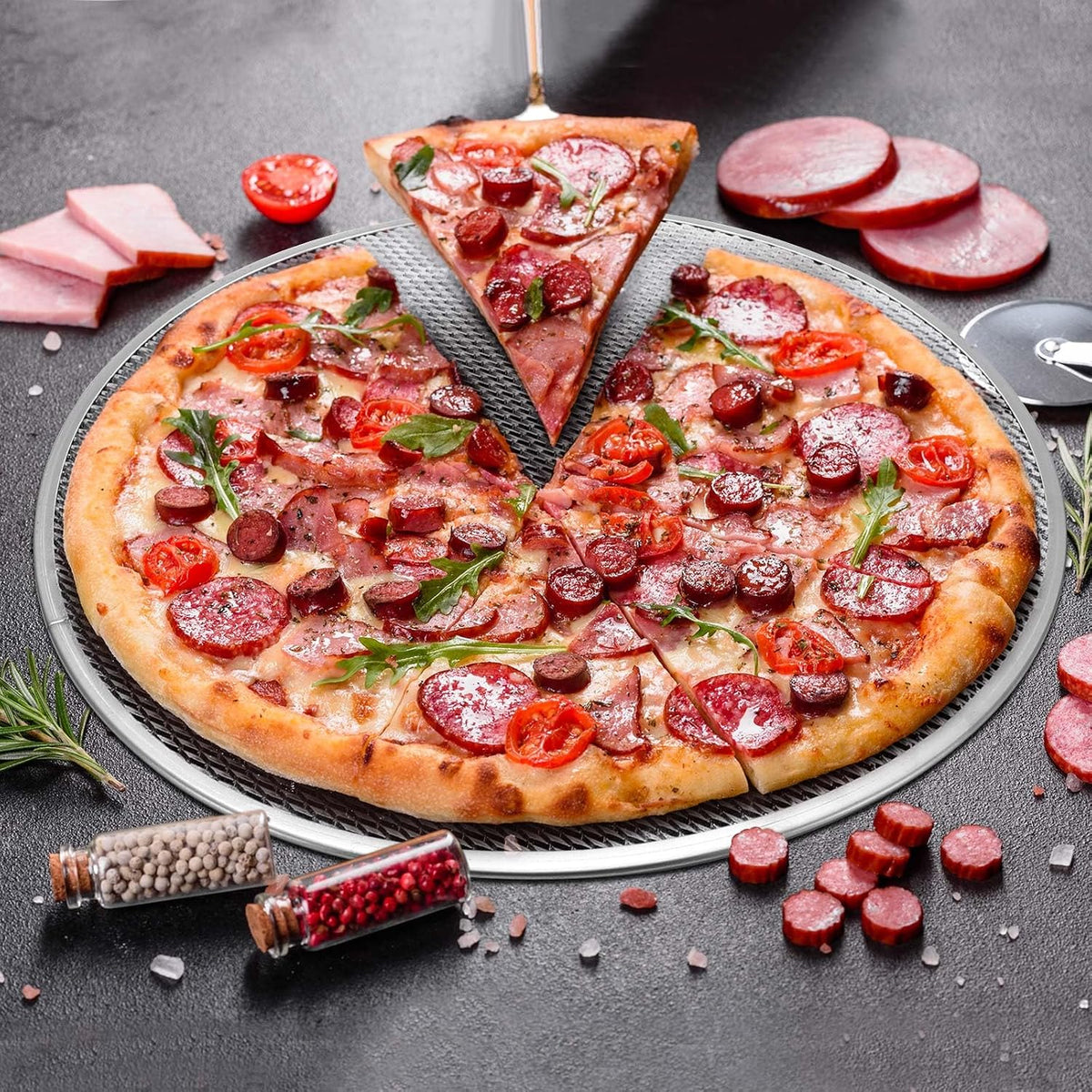 Nuogo 5 Pcs 14 Inch Aluminum Mesh Pizza Screens with Holes, Round Nonstick