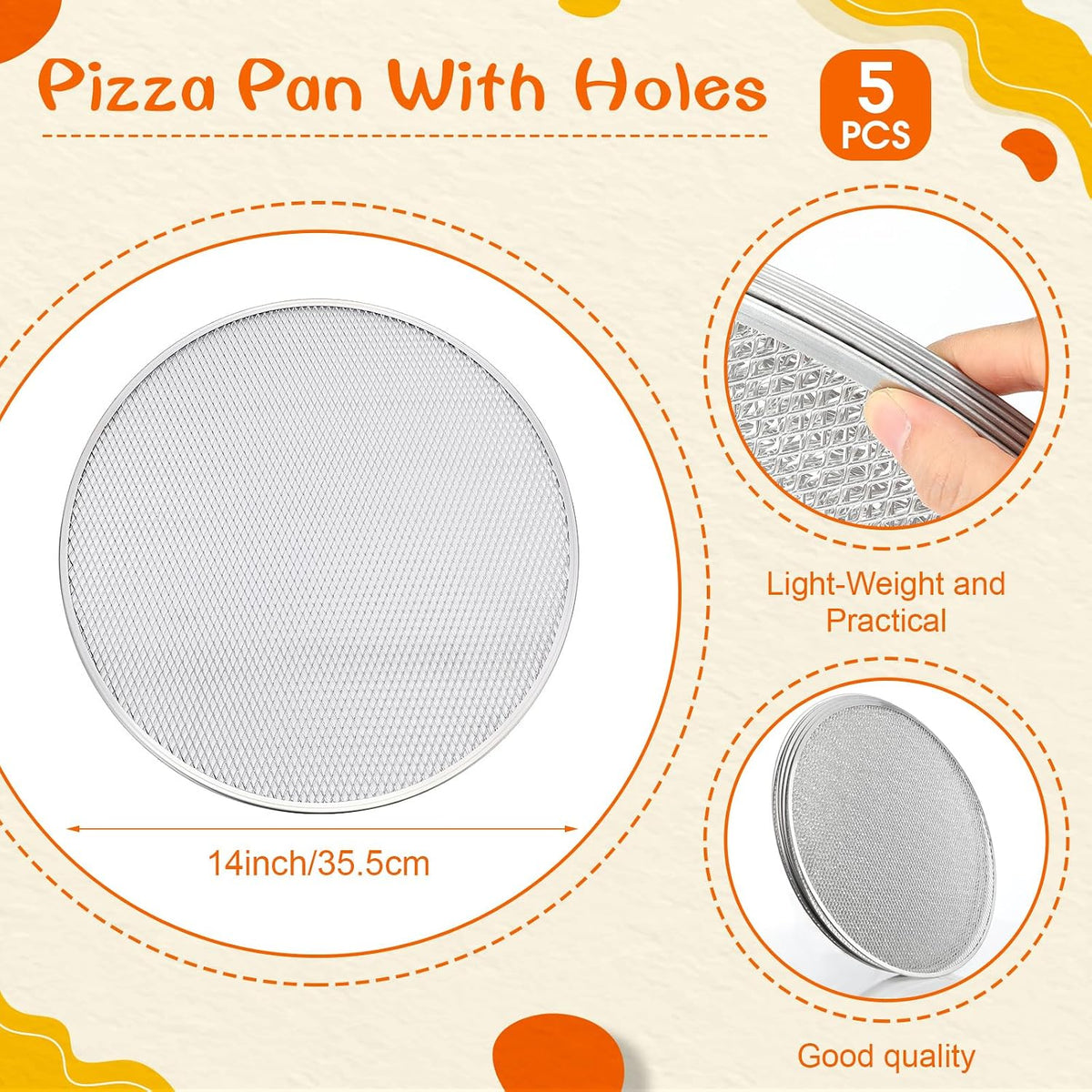 Nuogo 5 Pcs 14 Inch Aluminum Mesh Pizza Screens with Holes, Round Nonstick