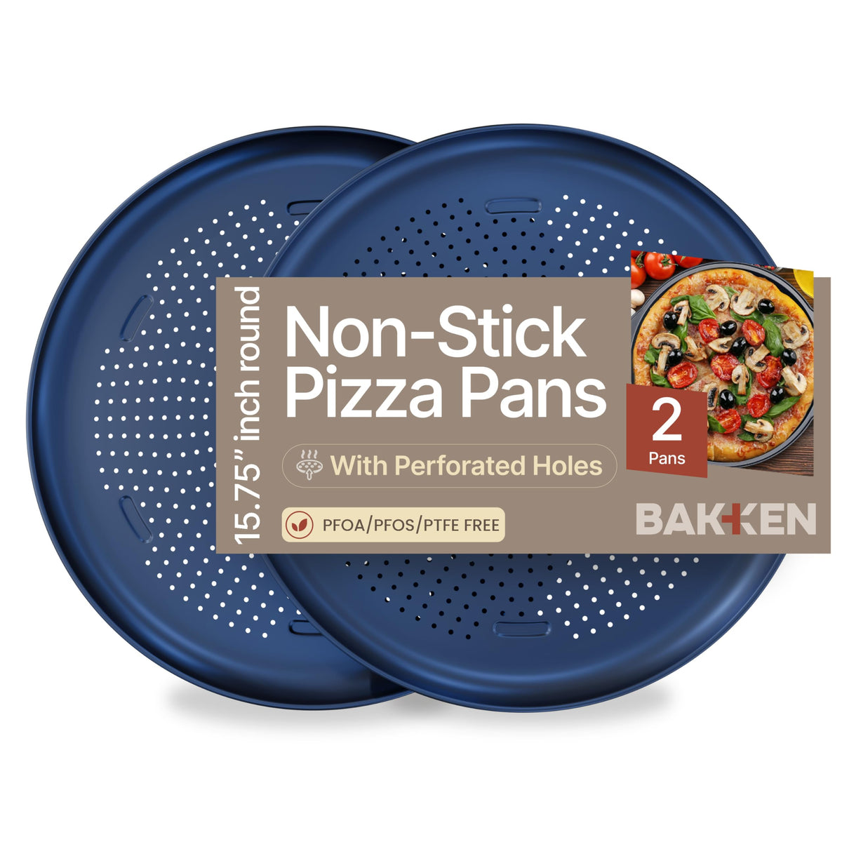 Bakken 16 Inch Non-Stick Pizza Pan 2 Pack, Round Carbon Steel Pizza Tray with Perforated Holes, PFOA, PFOS, & PTFE-Free, Dishwasher & Oven Safe Up To 450°F, Durable Nonstick Coating, Silver