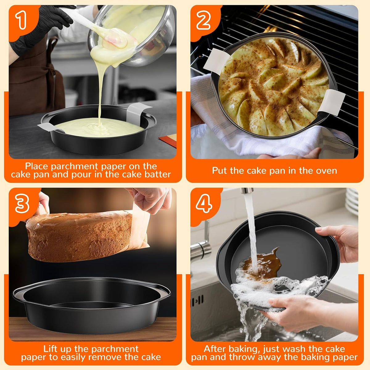 6 Inch Round Cake Pan with Handle, 3PCS Nonstick Cake Pans with 100 PCS Parchment Paper