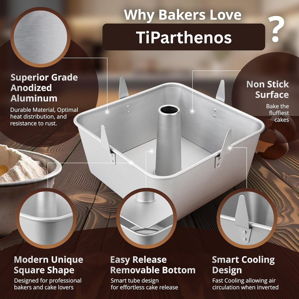Square Tube Cake Pan, 18 Cup Recipes, 10 Inch Anodized Aluminum Angel Food, Chiffon & Pound Cake Pan, 2-piece system with Removable Bottom and Cooling Feet