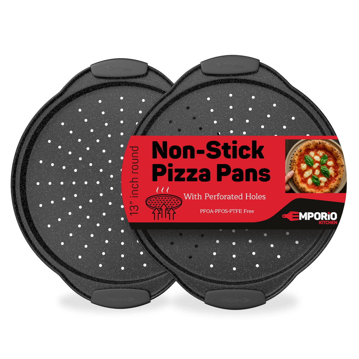 Non-Stick Pizza Pan with Silicone Handle 1 Pack, 13 Inch Round Carbon Steel Tray with Perforated Holes, Dishwasher & Oven Safe Up To 450°F, PFOAPFOSPTFE Free, Durable Nonstick Gray Marble Coating
