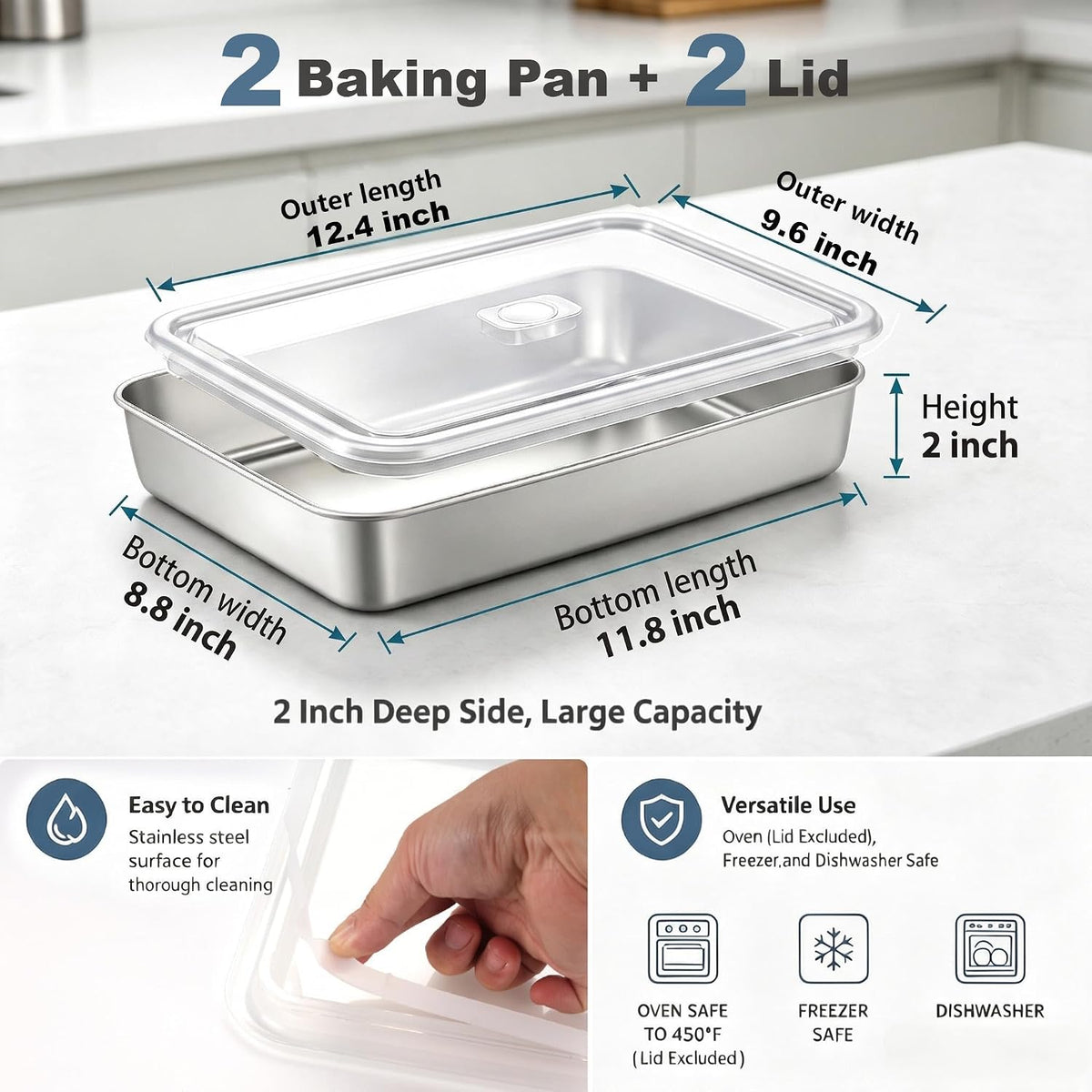 Stainless Steel Baking Pan with Lid, 12.4 x 9.6 x 2 Inches, 2-Pack