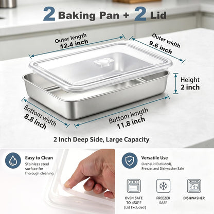 Stainless Steel Baking Pan with Lid, 12.4 x 9.6 x 2 Inches, 2-Pack