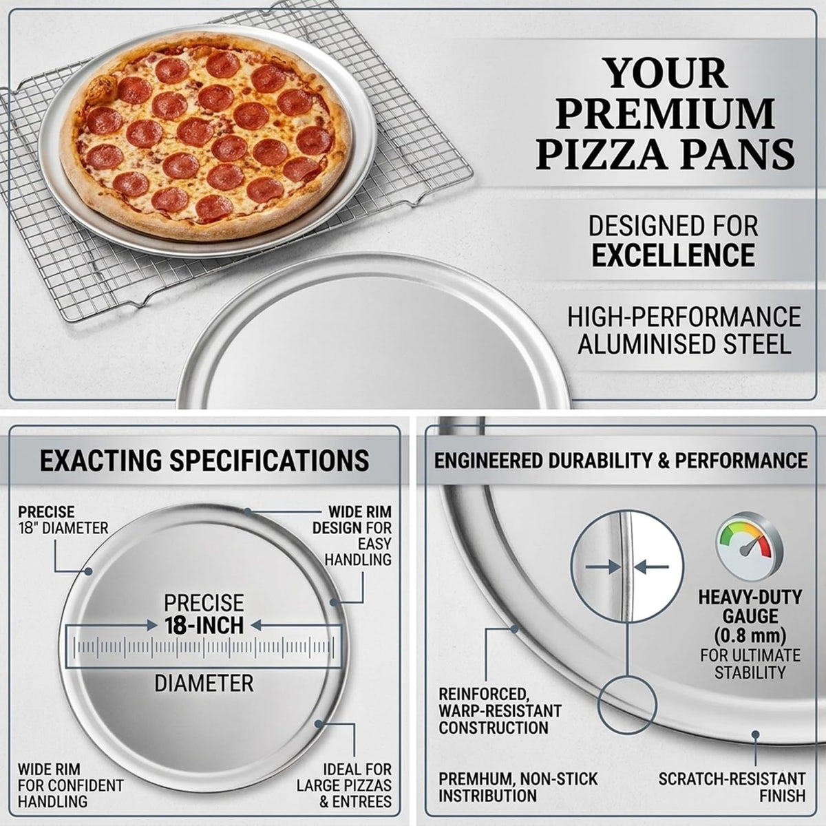 18 Inch Aluminum Pizza Pan with Wide Rim – Heavy Duty 18 Gauge Restaurant Grade Pizza Tray for Baking, Serving & Commercial Kitchens, Oven Safe Round Pizza Pan (Pack of 2)