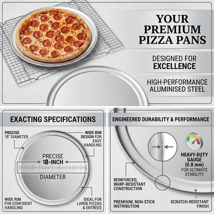 18 Inch Aluminum Pizza Pan with Wide Rim – Heavy Duty 18 Gauge Restaurant Grade Pizza Tray for Baking, Serving & Commercial Kitchens, Oven Safe Round Pizza Pan (Pack of 2)