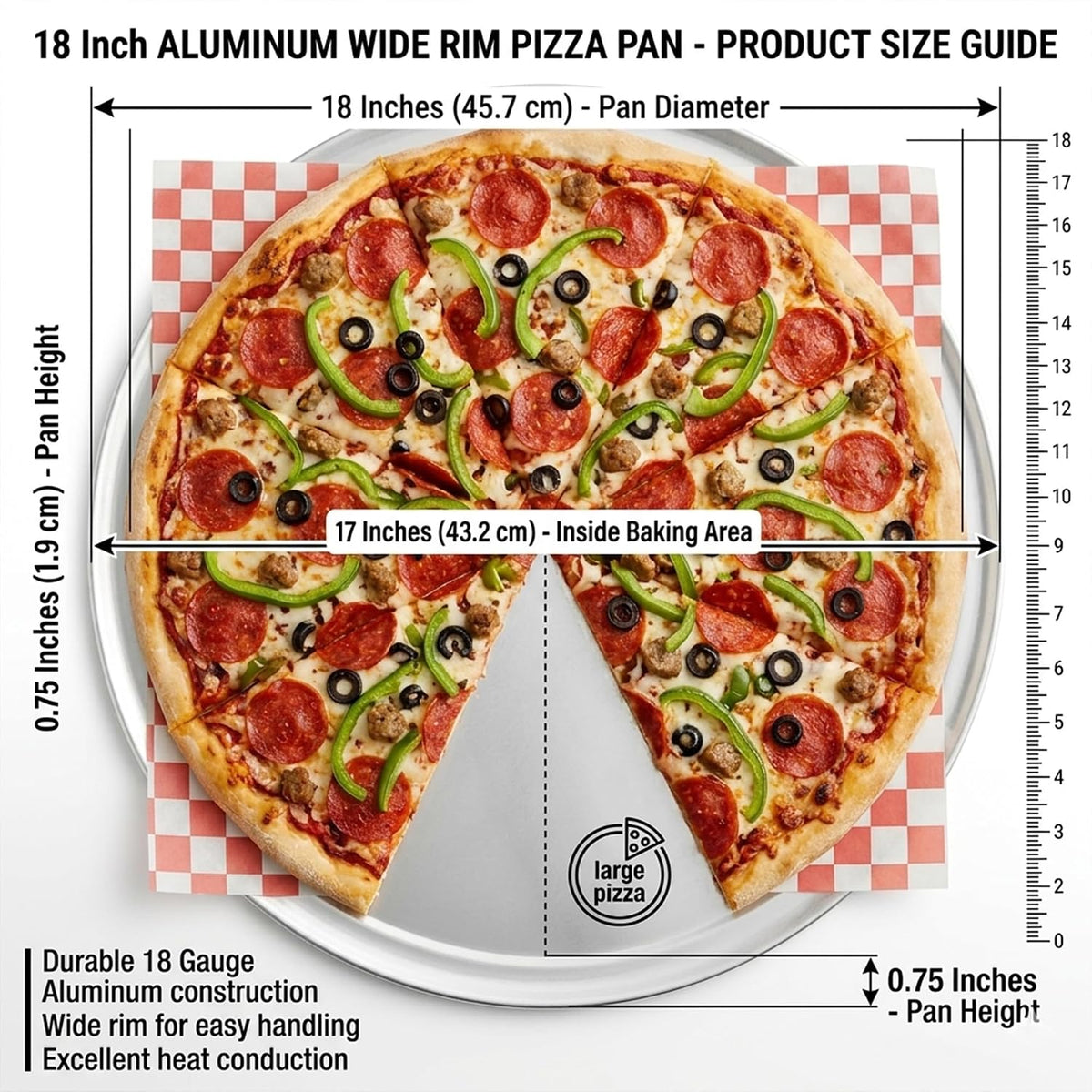 18 Inch Aluminum Pizza Pan with Wide Rim – Heavy Duty 18 Gauge Restaurant Grade Pizza Tray for Baking, Serving & Commercial Kitchens, Oven Safe Round Pizza Pan (Pack of 2)
