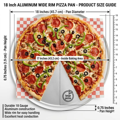 18 Inch Aluminum Pizza Pan with Wide Rim – Heavy Duty 18 Gauge Restaurant Grade Pizza Tray for Baking, Serving & Commercial Kitchens, Oven Safe Round Pizza Pan (Pack of 2)