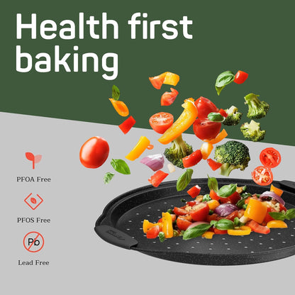Non-Stick Pizza Pan with Silicone Handle 1 Pack, 13 Inch Round Carbon Steel Tray with Perforated Holes, Dishwasher & Oven Safe Up To 450°F, PFOAPFOSPTFE Free, Durable Nonstick Gray Marble Coating