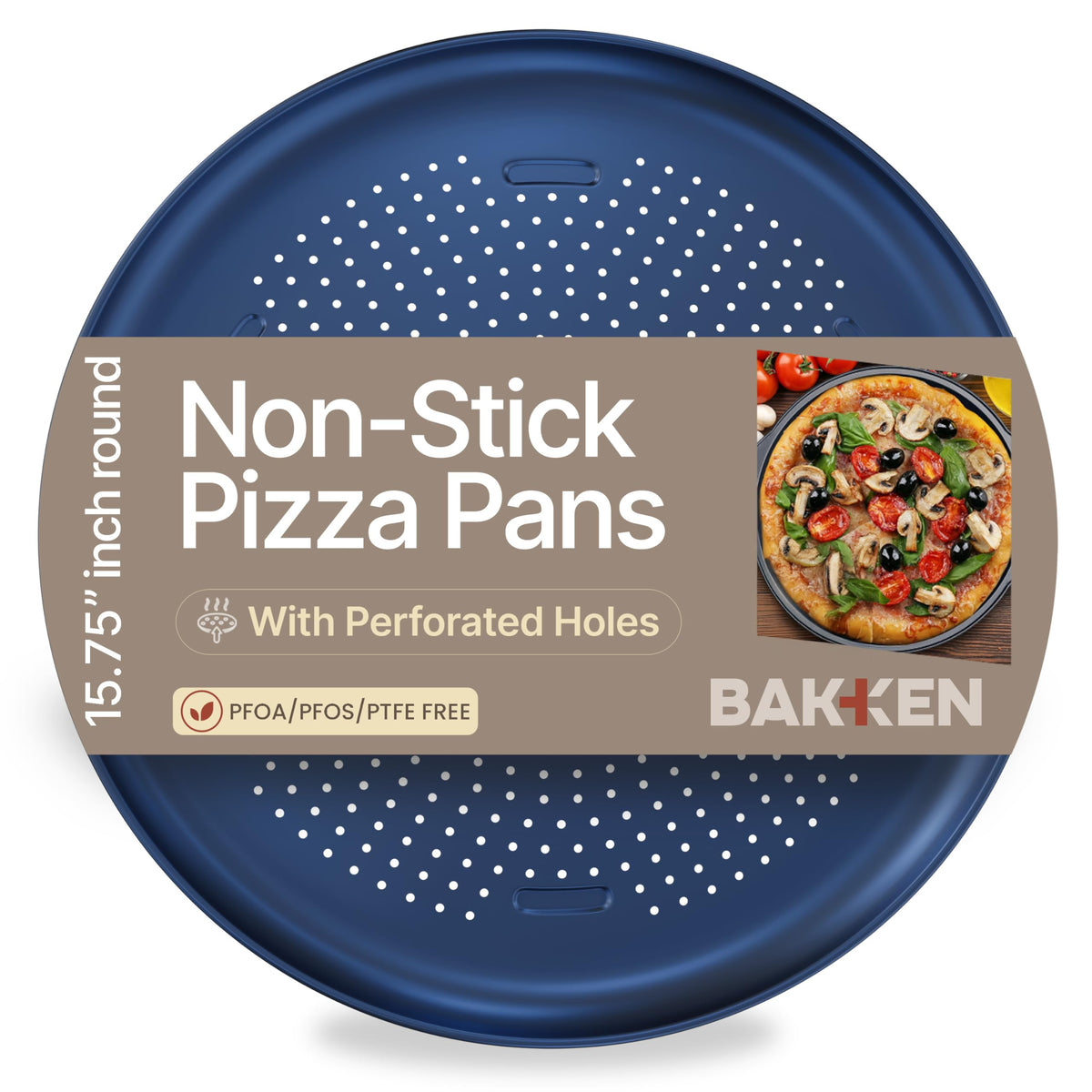 Bakken 16 Inch Non-Stick Pizza Pan 2 Pack, Round Carbon Steel Pizza Tray with Perforated Holes, PFOA, PFOS, & PTFE-Free, Dishwasher & Oven Safe Up To 450°F, Durable Nonstick Coating, Silver