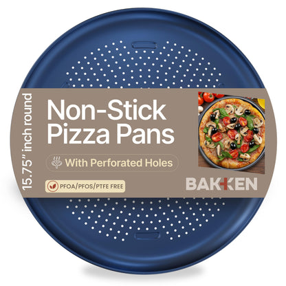 Bakken 16 Inch Non-Stick Pizza Pan 2 Pack, Round Carbon Steel Pizza Tray with Perforated Holes, PFOA, PFOS, & PTFE-Free, Dishwasher & Oven Safe Up To 450°F, Durable Nonstick Coating, Silver