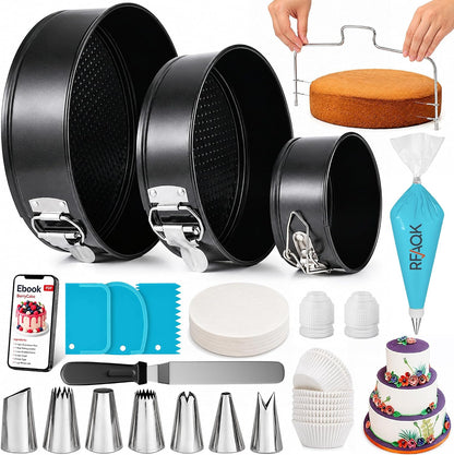 RFAQK 100pcs Cake Pan Sets for Baking + Cake Decorating Supplies: 3 Non-Stick Springform Pans Set (4, 7, 9 inches), Icing Tips, Cake Leveler – Multi-functional Leak-Proof CheeseCake Pan & eBook