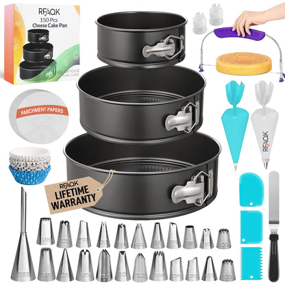 RFAQK 100pcs Cake Pan Sets for Baking + Cake Decorating Supplies: 3 Non-Stick Springform Pans Set (4, 7, 9 inches), Icing Tips, Cake Leveler – Multi-functional Leak-Proof CheeseCake Pan & eBook