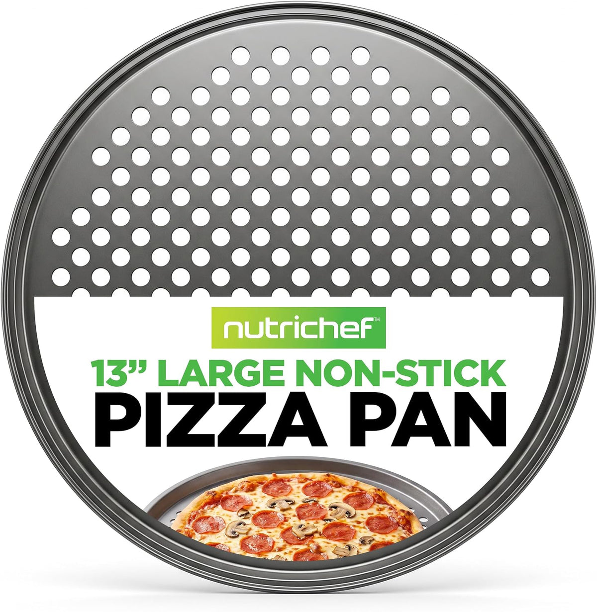 NutriChef 12.8 Inch Nonstick Pizza Pan for Oven - Carbon Steel Pizza Baking Tray with Airflow Holes - Premium Bakeware for Fresh & Frozen Pizza, Dishwasher Safe - Gray