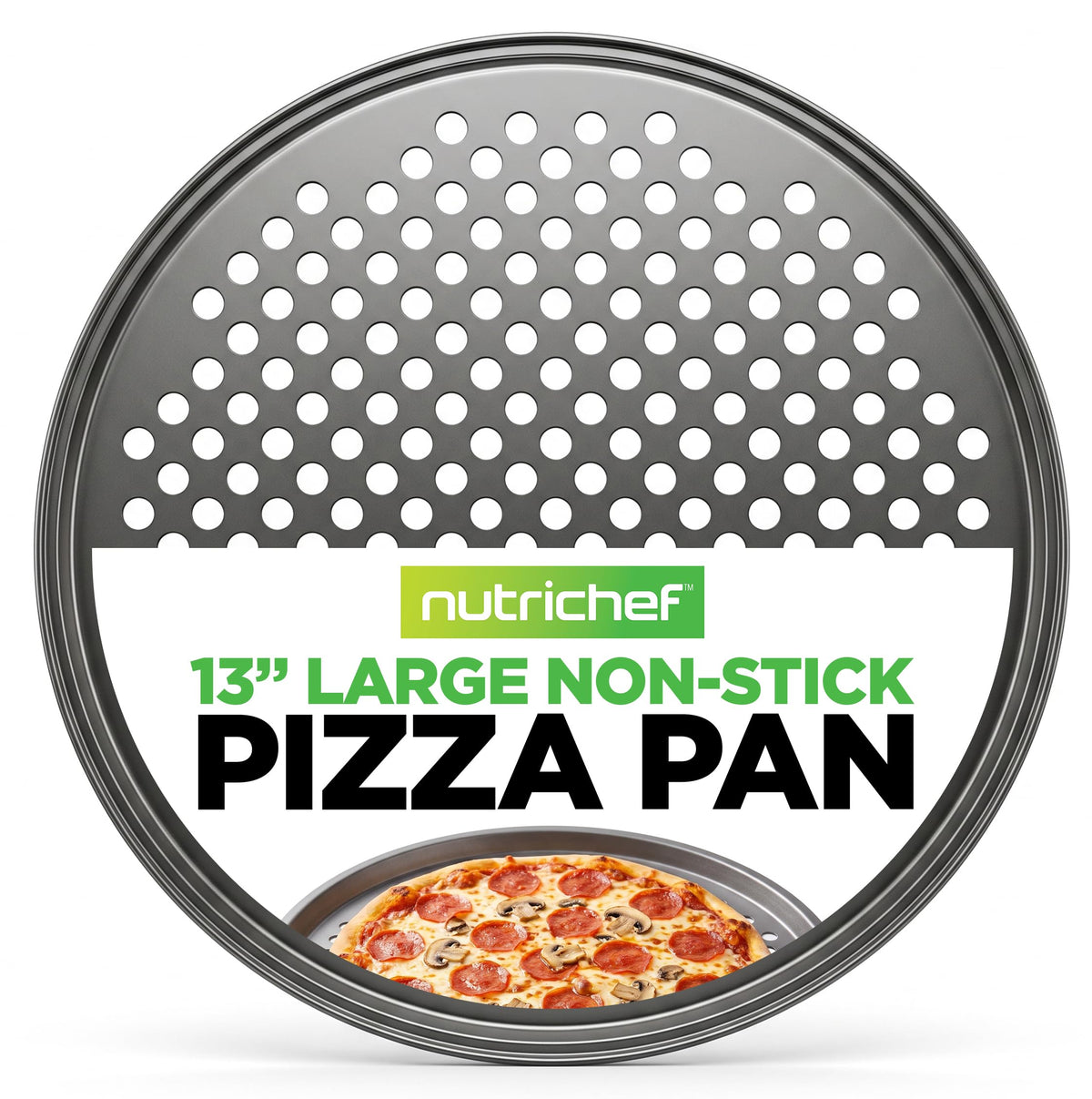 NutriChef 12.8 Inch Nonstick Pizza Pan for Oven - Carbon Steel Pizza Baking Tray with Airflow Holes - Premium Bakeware for Fresh & Frozen Pizza, Dishwasher Safe - Gray