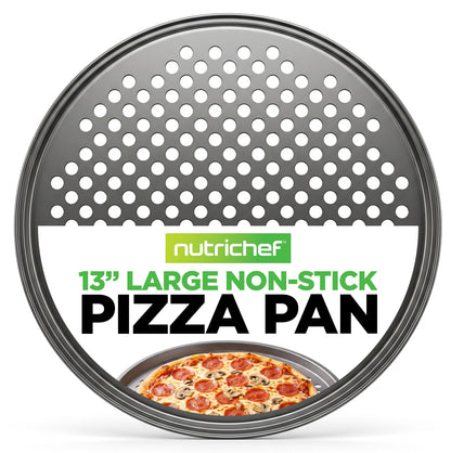 NutriChef 12.8 Inch Nonstick Pizza Pan for Oven - Carbon Steel Pizza Baking Tray with Airflow Holes - Premium Bakeware for Fresh & Frozen Pizza, Dishwasher Safe - Gray