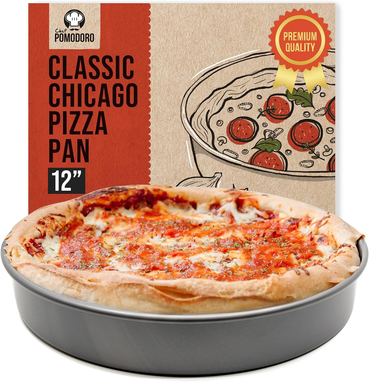 Chef Pomodoro Chicago Deep Dish Pizza Pan, 12 Inch Hard Anodized Aluminum