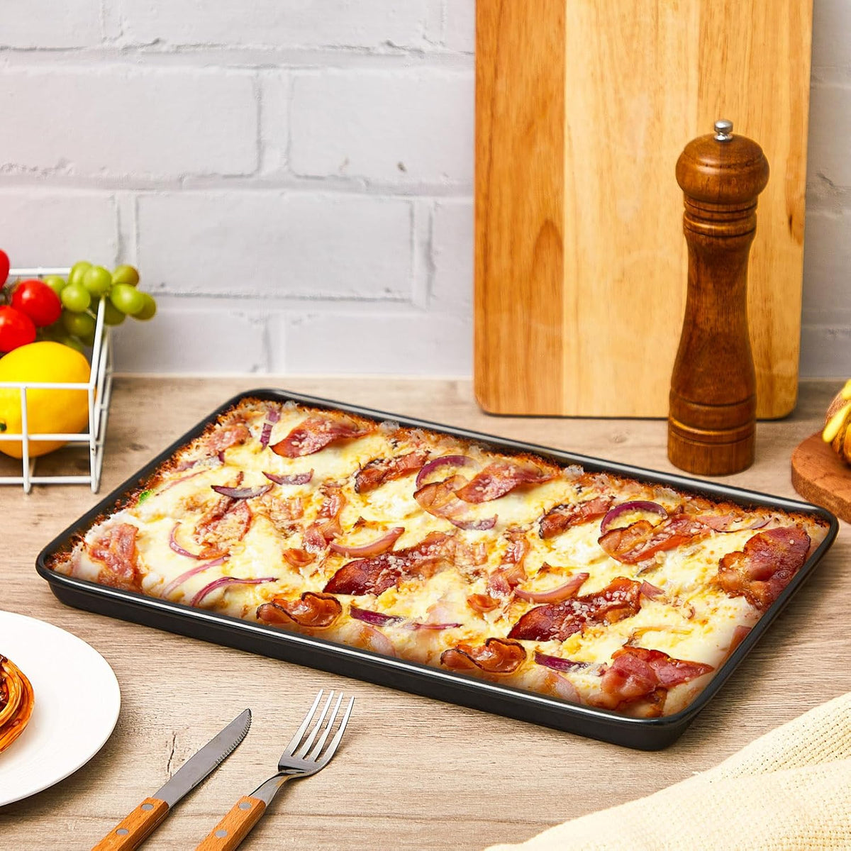2 Pcs Rectangle Pizza Pan Carbon Steel Nonstick, Black, Black, 17 Inch