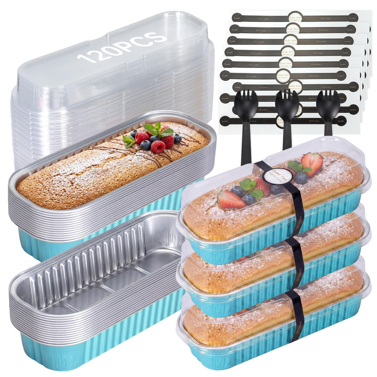 30 Pack Mini Loaf Cake Pan with Lids and Spoons, 6.8oz Small Disposable Aluminum Cake Tin Foil Pans, Rectangular Mini Loaf Bread Pans with Lids for Baking,Party,Picnics,Holidays (Pink)