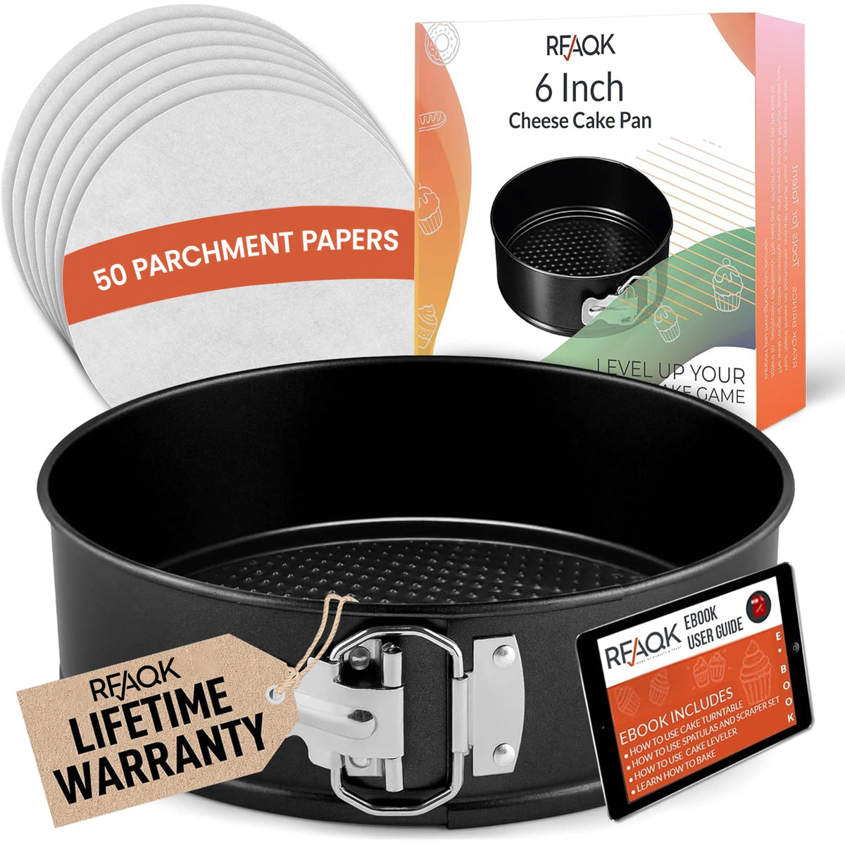RFAQK 9 Inch Springform Pan Nonstick Leakproof - Spring Form Pan for Cheesecake with Removable Bottom, Include Spatula & 50pcs Parchment Paper, Recipe E-Book - Ideal for Baking Cakes, Pizzas, & More!