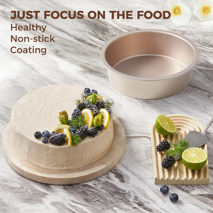 HONGBAKE 8 Inch Round Cake Pan Set for Baking with 2 Pcs Silicone Baking Sling Mats, Nonstick Circle Cake Pans Set of 2, 2.5" Deeper Layer Cake Tin for Oven, Cheesecake Mold, Huty Duty, Gold
