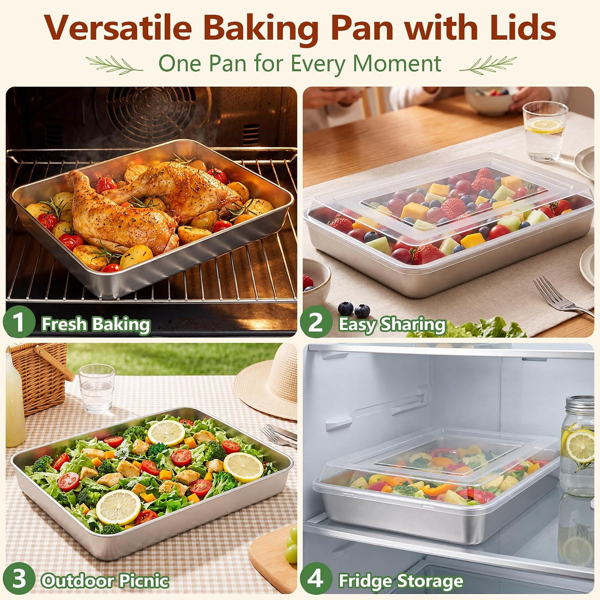 E-far Stainless Steel Baking Pan with Lid, 12⅓ x 9¾ x 2 Inch for Cake