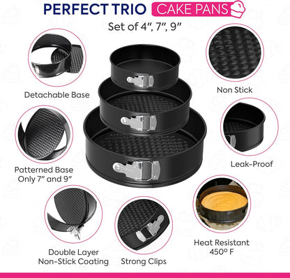 Riccle 148PCs Cake Pan Set for Baking, 3 Non-Stick Springform Pan Set (4, 7, 9 Inches), Cake Decorating Kit, Piping Bags and Tips Set, Cake Leveler, Multi-functional Leak-Proof CheeseCake Pan (148)