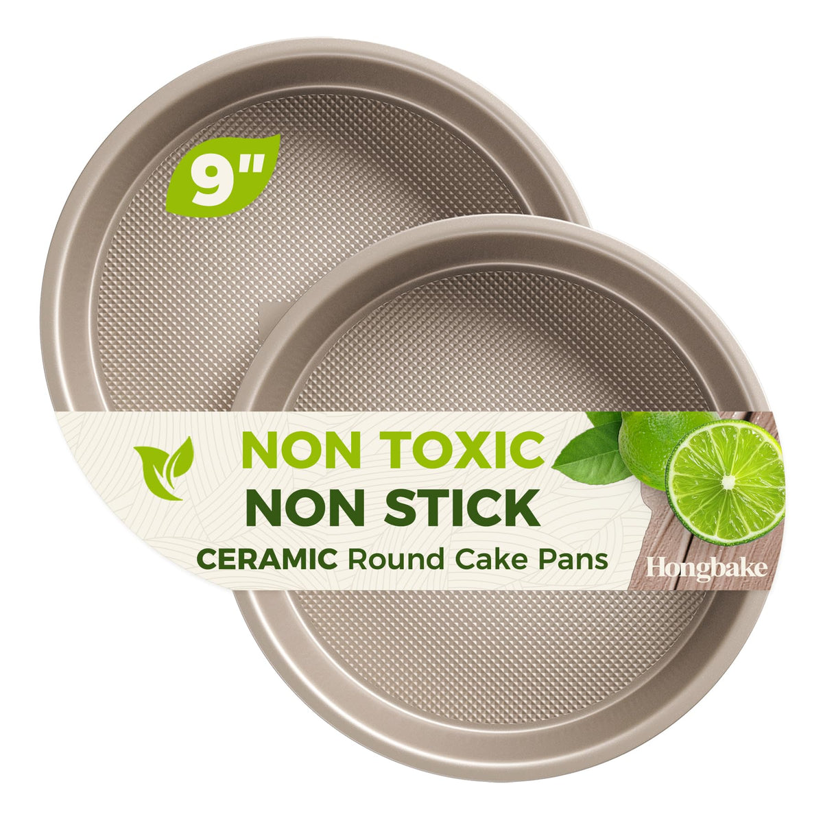 HONGBAKE Ceramic Nonstick 9” Round Cake Pans, Heavy-Duty Aluminized Steel
