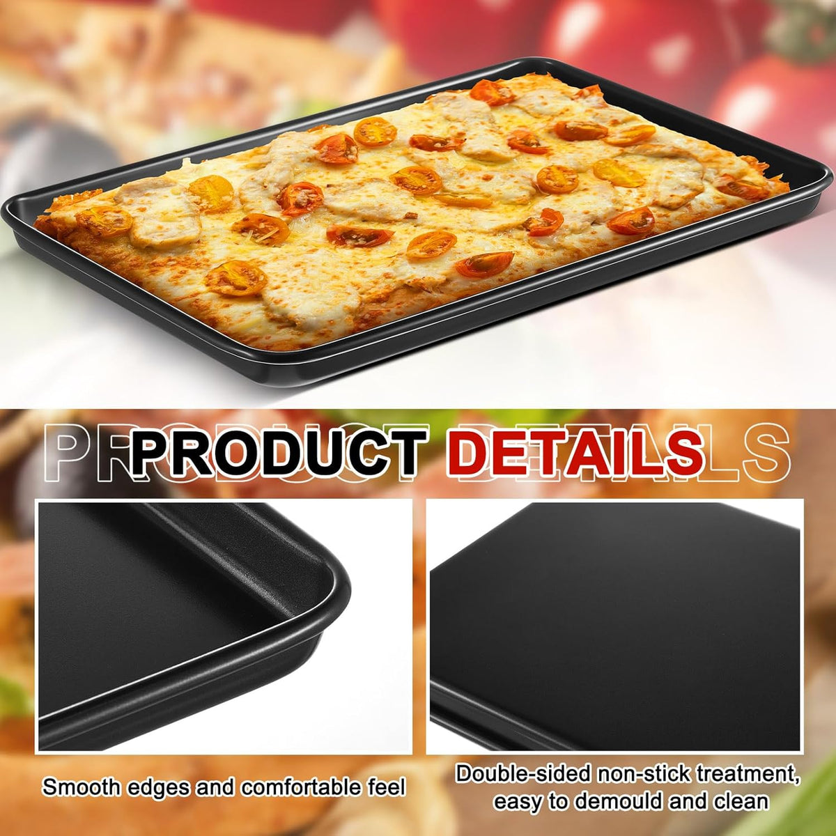 2 Pcs Rectangle Pizza Pan Carbon Steel Nonstick, Black, Black, 17 Inch