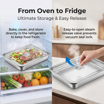 Stainless Steel Baking Pan with Lid, 12.4 x 9.6 x 2 Inches, 2-Pack
