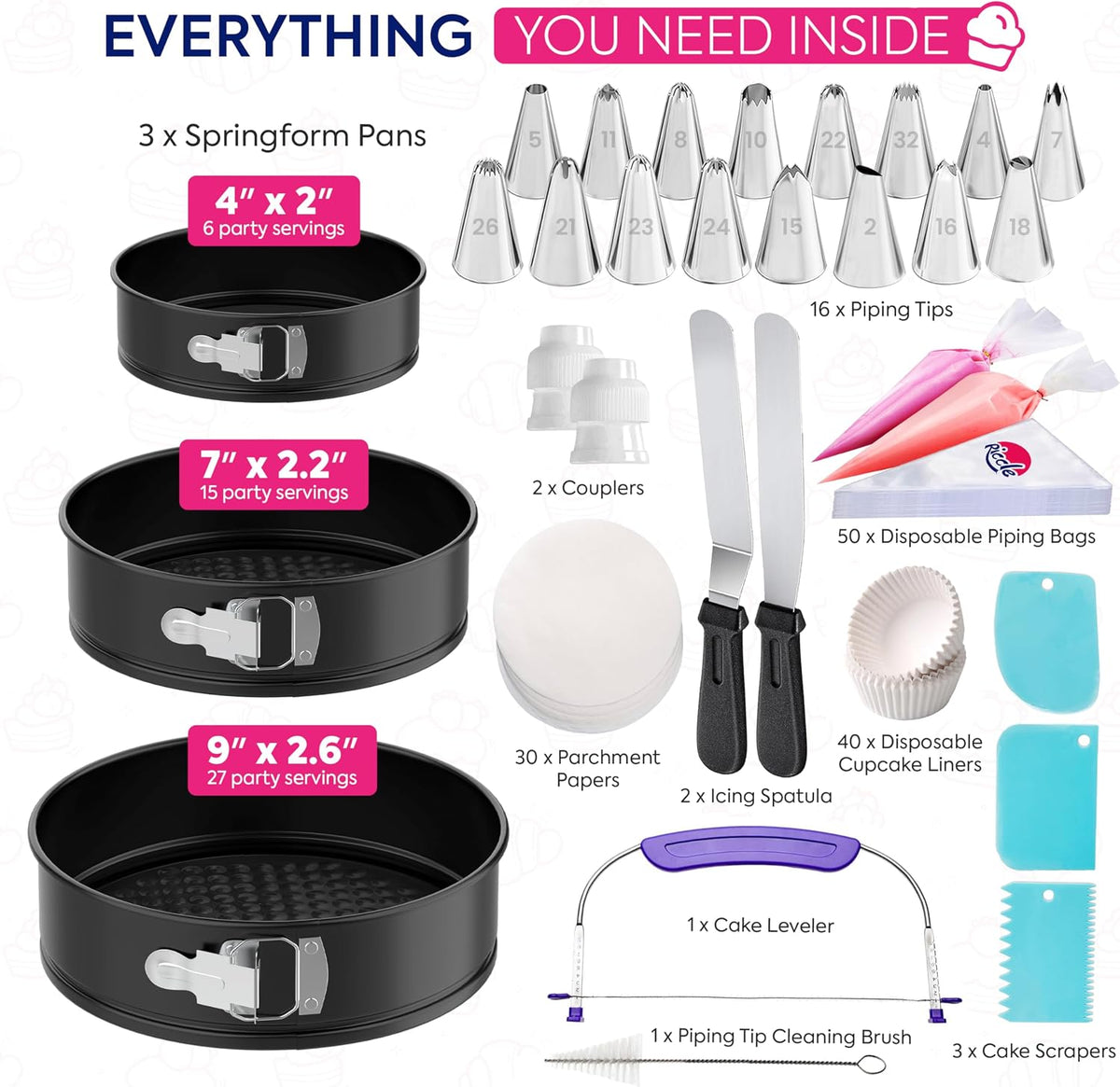 Riccle 148PCs Cake Pan Set for Baking, 3 Non-Stick Springform Pan Set (4, 7, 9 Inches), Cake Decorating Kit, Piping Bags and Tips Set, Cake Leveler, Multi-functional Leak-Proof CheeseCake Pan (148)