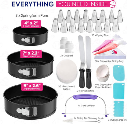 Riccle 148PCs Cake Pan Set for Baking, 3 Non-Stick Springform Pan Set (4, 7, 9 Inches), Cake Decorating Kit, Piping Bags and Tips Set, Cake Leveler, Multi-functional Leak-Proof CheeseCake Pan (148)