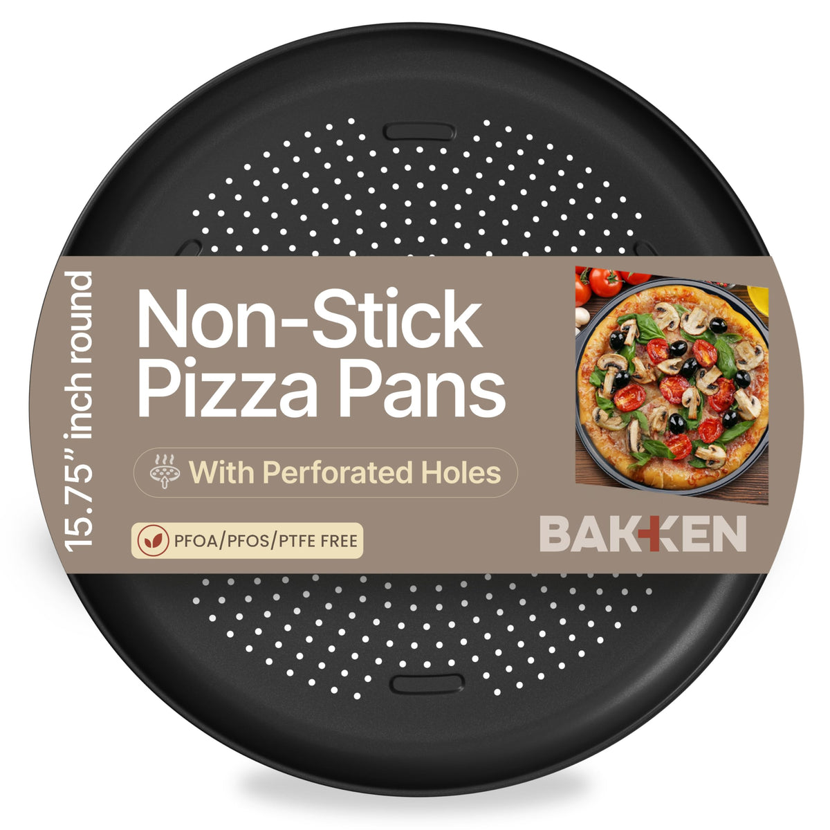 Bakken 16 Inch Non-Stick Pizza Pan 2 Pack, Round Carbon Steel Pizza Tray with Perforated Holes, PFOA, PFOS, & PTFE-Free, Dishwasher & Oven Safe Up To 450°F, Durable Nonstick Coating, Silver