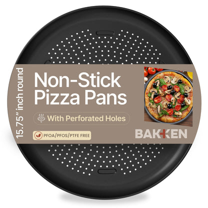 Bakken 16 Inch Non-Stick Pizza Pan 2 Pack, Round Carbon Steel Pizza Tray with Perforated Holes, PFOA, PFOS, & PTFE-Free, Dishwasher & Oven Safe Up To 450°F, Durable Nonstick Coating, Silver