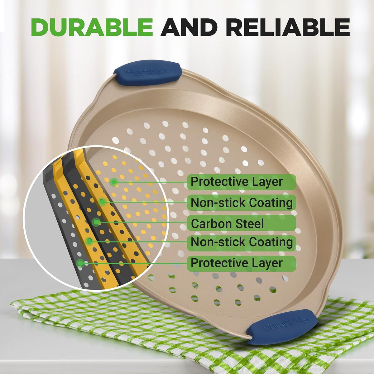 NutriChef 3-Piece Pizza Tray Set with Silicone Handles - Round Nonstick Pizza Pan with Perforated Holes, Durable Carbon Steel, Small, Medium, Large Sizes - Ideal for Crispy, Evenly Baked Pizzas (Gold)
