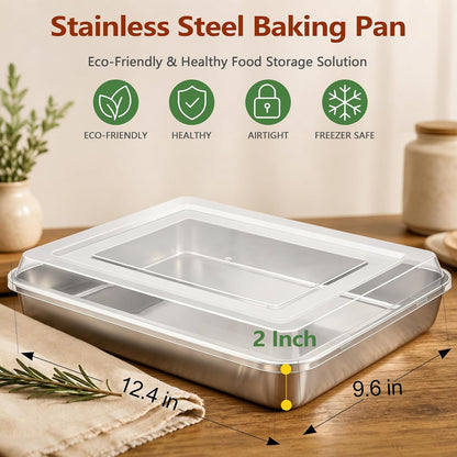 E-far Stainless Steel Baking Pan with Lid, 12⅓ x 9¾ x 2 Inch for Cake