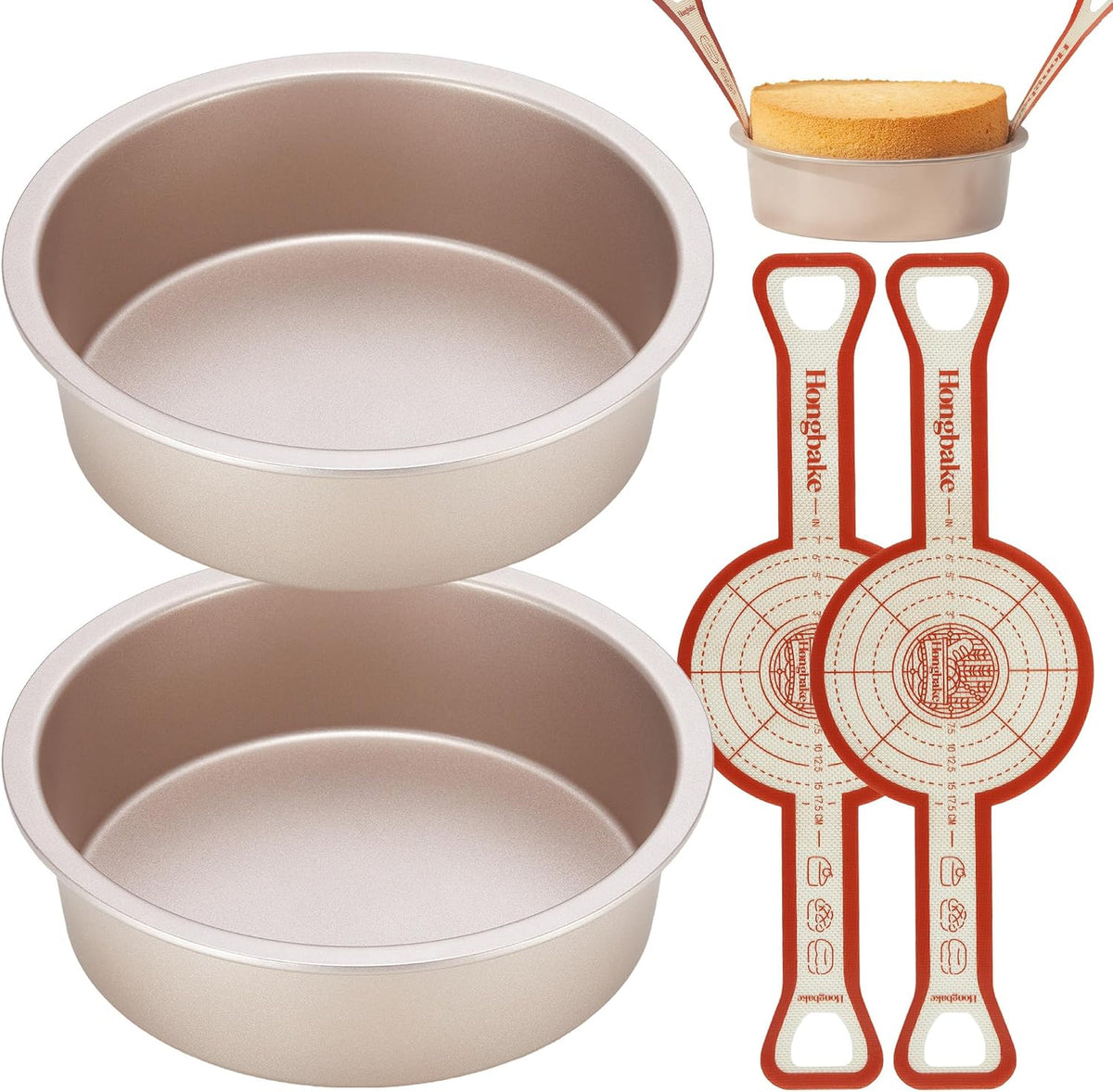 HONGBAKE 8 Inch Round Cake Pan Set for Baking with 2 Pcs Silicone Baking Sling Mats, Nonstick Circle Cake Pans Set of 2, 2.5" Deeper Layer Cake Tin for Oven, Cheesecake Mold, Huty Duty, Gold