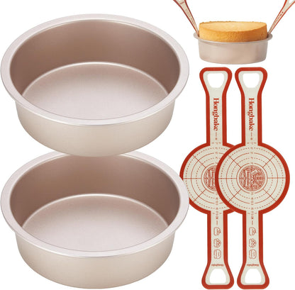 HONGBAKE 8 Inch Round Cake Pan Set for Baking with 2 Pcs Silicone Baking Sling Mats, Nonstick Circle Cake Pans Set of 2, 2.5" Deeper Layer Cake Tin for Oven, Cheesecake Mold, Huty Duty, Gold