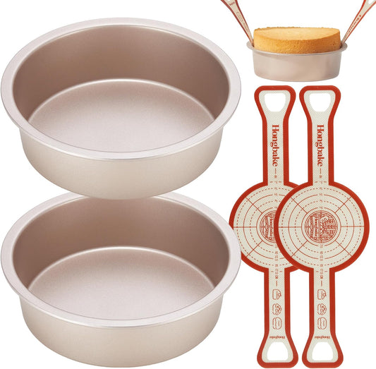 HONGBAKE 8 Inch Round Cake Pan Set for Baking with 2 Pcs Silicone Baking Sling Mats, Nonstick Circle Cake Pans Set of 2, 2.5" Deeper Layer Cake Tin for Oven, Cheesecake Mold, Huty Duty, Gold