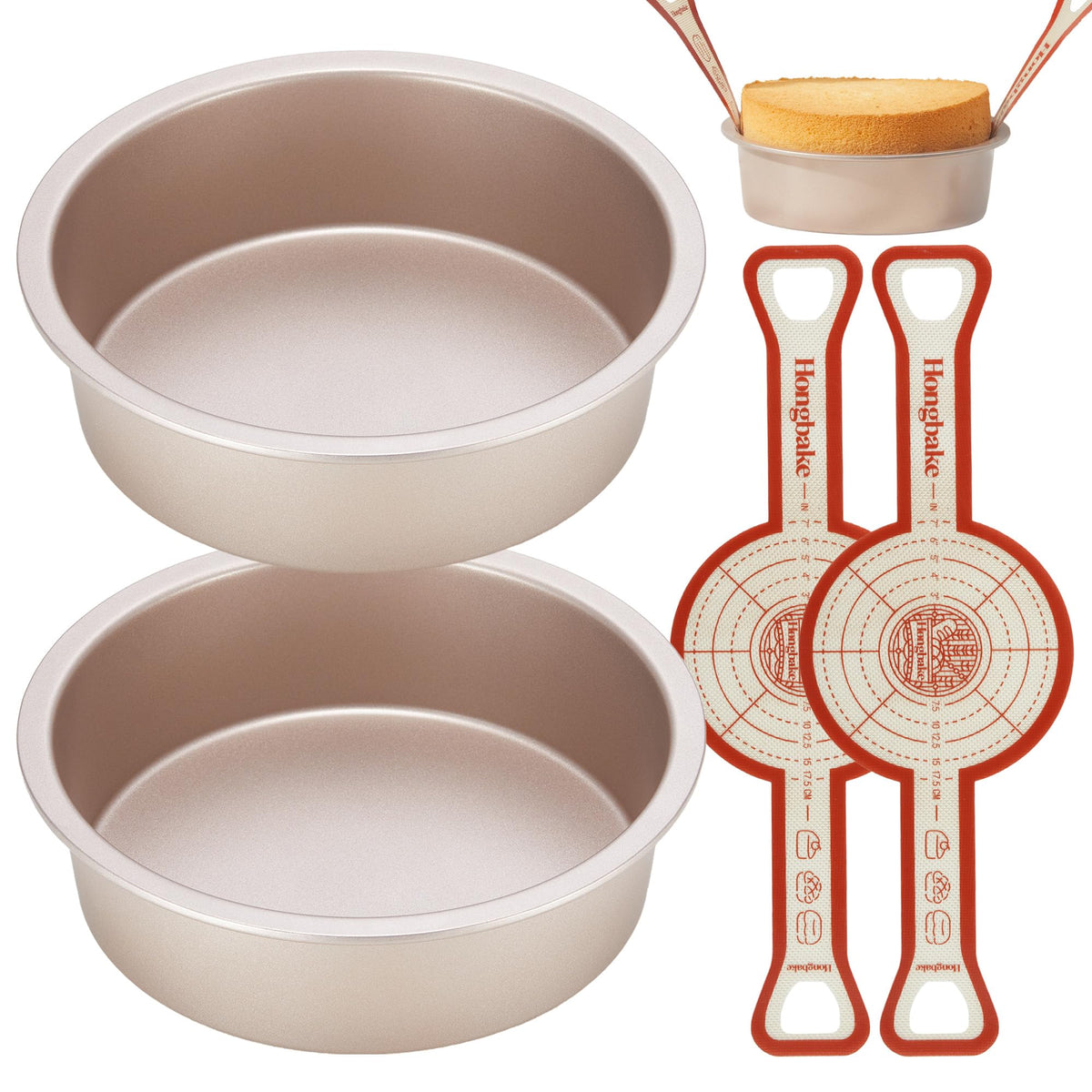HONGBAKE 8 Inch Round Cake Pan Set for Baking with 2 Pcs Silicone Baking Sling Mats, Nonstick Circle Cake Pans Set of 2, 2.5" Deeper Layer Cake Tin for Oven, Cheesecake Mold, Huty Duty, Gold