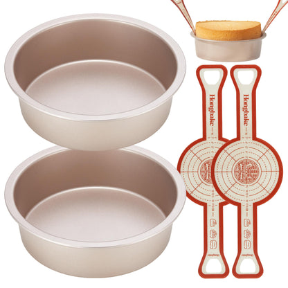 HONGBAKE 8 Inch Round Cake Pan Set for Baking with 2 Pcs Silicone Baking Sling Mats, Nonstick Circle Cake Pans Set of 2, 2.5" Deeper Layer Cake Tin for Oven, Cheesecake Mold, Huty Duty, Gold