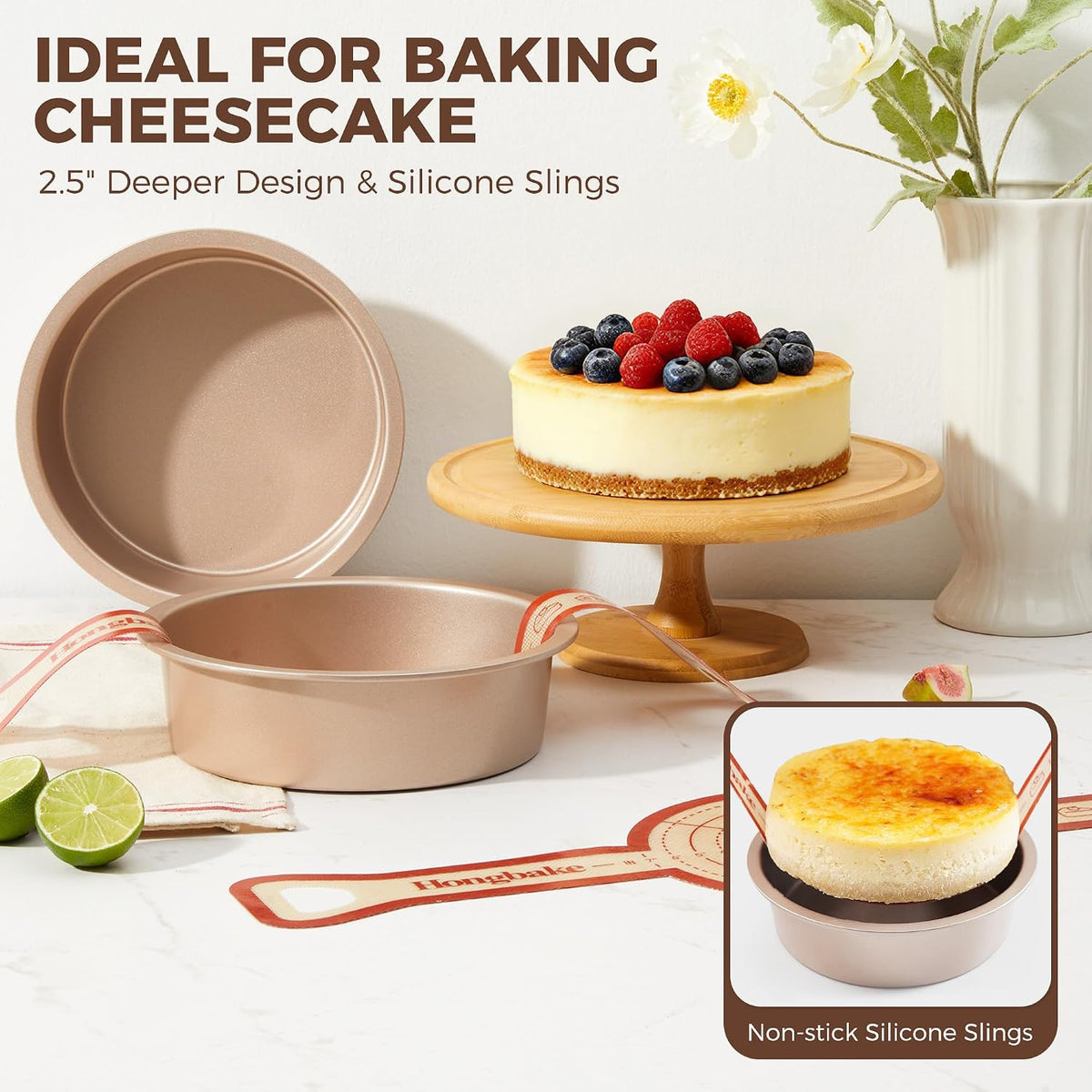 HONGBAKE 8 Inch Round Cake Pan Set for Baking with 2 Pcs Silicone Baking Sling Mats, Nonstick Circle Cake Pans Set of 2, 2.5" Deeper Layer Cake Tin for Oven, Cheesecake Mold, Huty Duty, Gold
