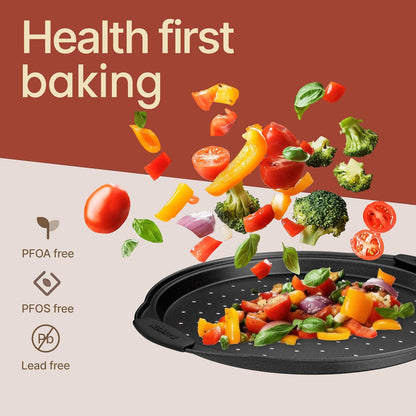 Bakken Pizza Baking Pan - Round Perforated Carbon Steel Pan with Non-Stick Marble Coating, Oversized Silicone Handle, Dishwasher Safe, High-Temperature Resistant, Durable & Easy Cleanup Gray, 1 Pack